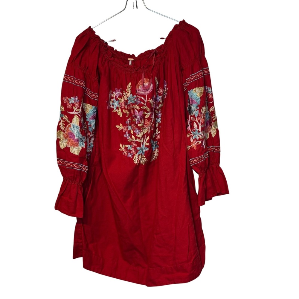 Free People Womens Dress Fleur Du Jour Embroidered Mini Off Shoulder Red Small